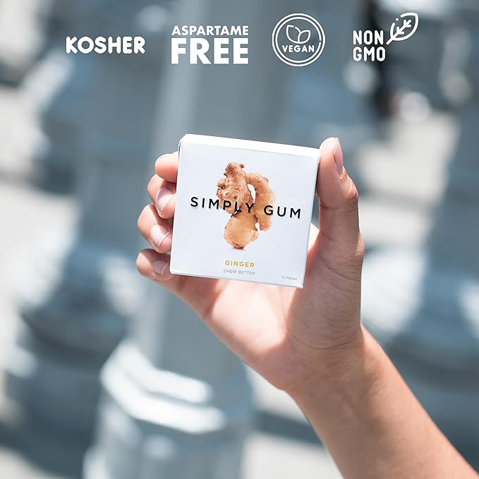SIMPLY Gum Ginger, Plastic-Free Natural Chewing Gum, Made with real Ginger, 6 Pack (90 Pieces) | Vegan, Kosher, Non GMO, Aspartame Free and Sorbitol Free
