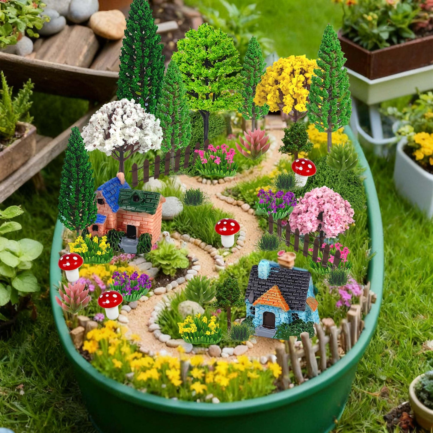 MOMOONNON 36pcs Garden Diorama Mini Garden Accessories Set Mixed Model Trees Flowers for Crafts Building Model Railway Fairy Scenery Landscape Supplies