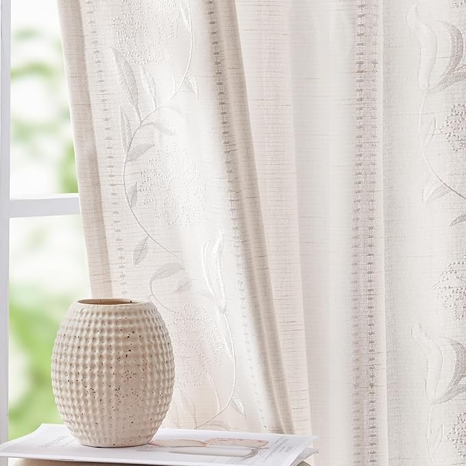 jinchan Winslow White Linen Curtains for Bedroom 84 Inches Length Embroidered Bordered Floral Curtains for Living Room Farmhouse Decor Light Filtering Window Treatments White on White Drapes 2 Panels