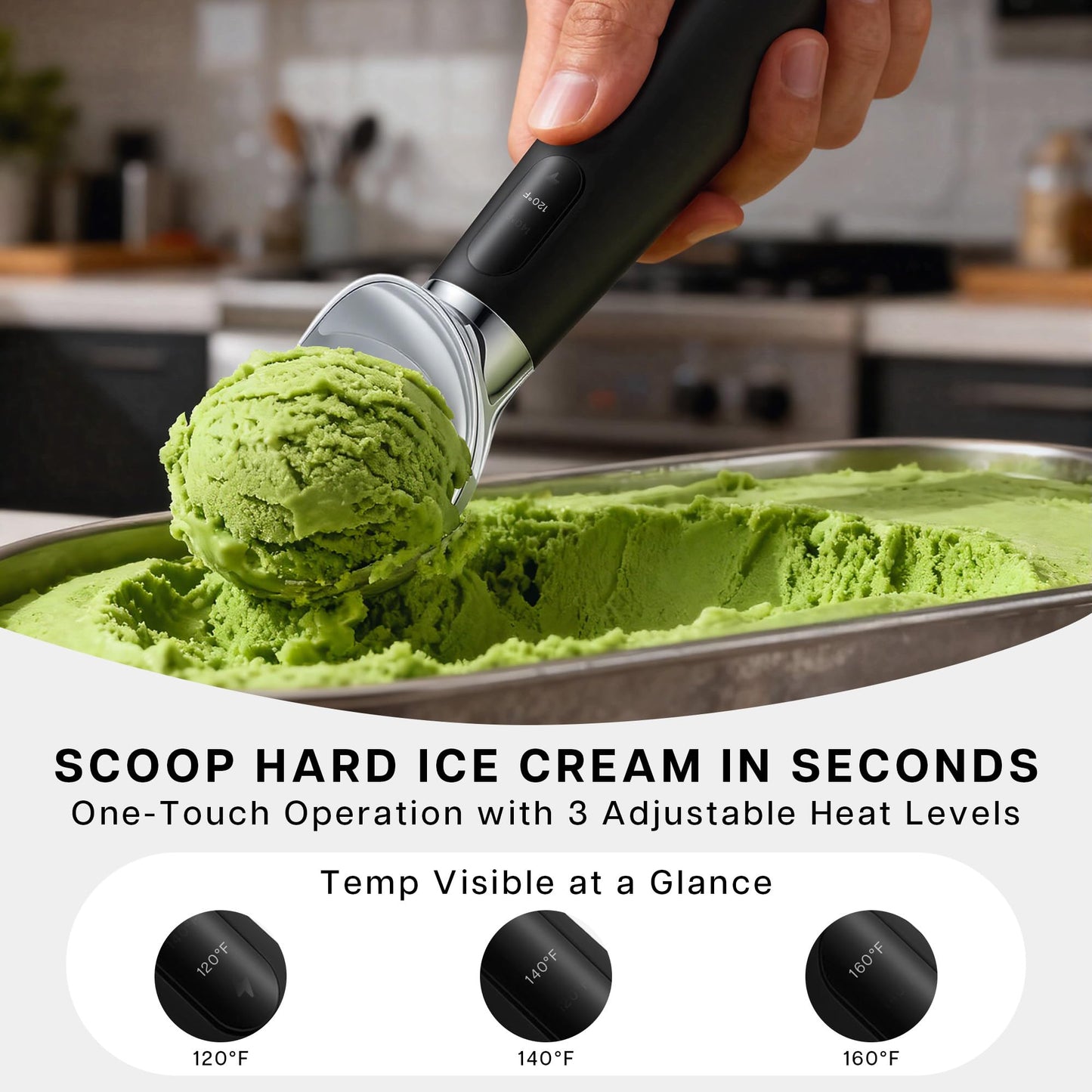 VRAIKO Heated Ice Cream Scoop | Electric Icecream Scooper with 3-Level Adjustable Heats - 120/140/160℉, LED Display, 2600mAh Capacity, Rechargeable | for Hard Ice Cream and More (Black)
