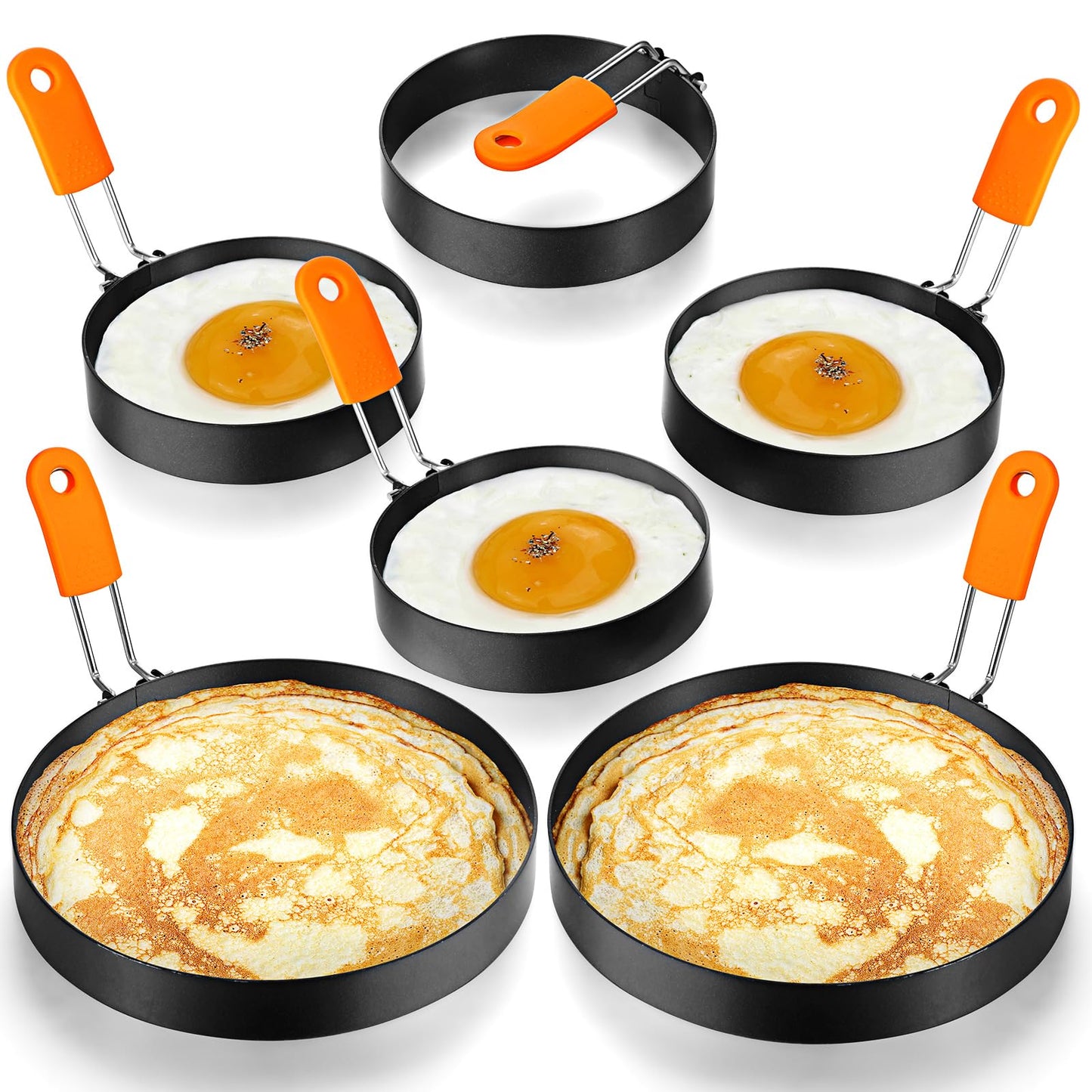 Patelai 6 Pcs Professional Egg Ring Pancake Ring Set Stainless Steel Fried Egg Molds Griddle Pancake Shapers with Orange Silicone Handle for Breakfast Omelette Sandwich(4, 6 Inch)