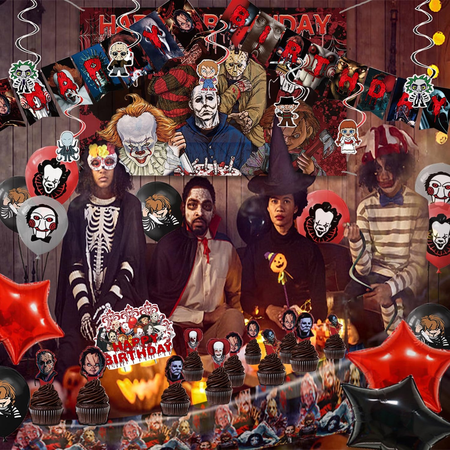 Mtgluk Horror Birthday Party Decorations Kit – 38 Pcs Halloween Themed Supplies with Banner, Backdrop, Tablecloth, Balloons & Cake Toppers for Spooky Celebrations
