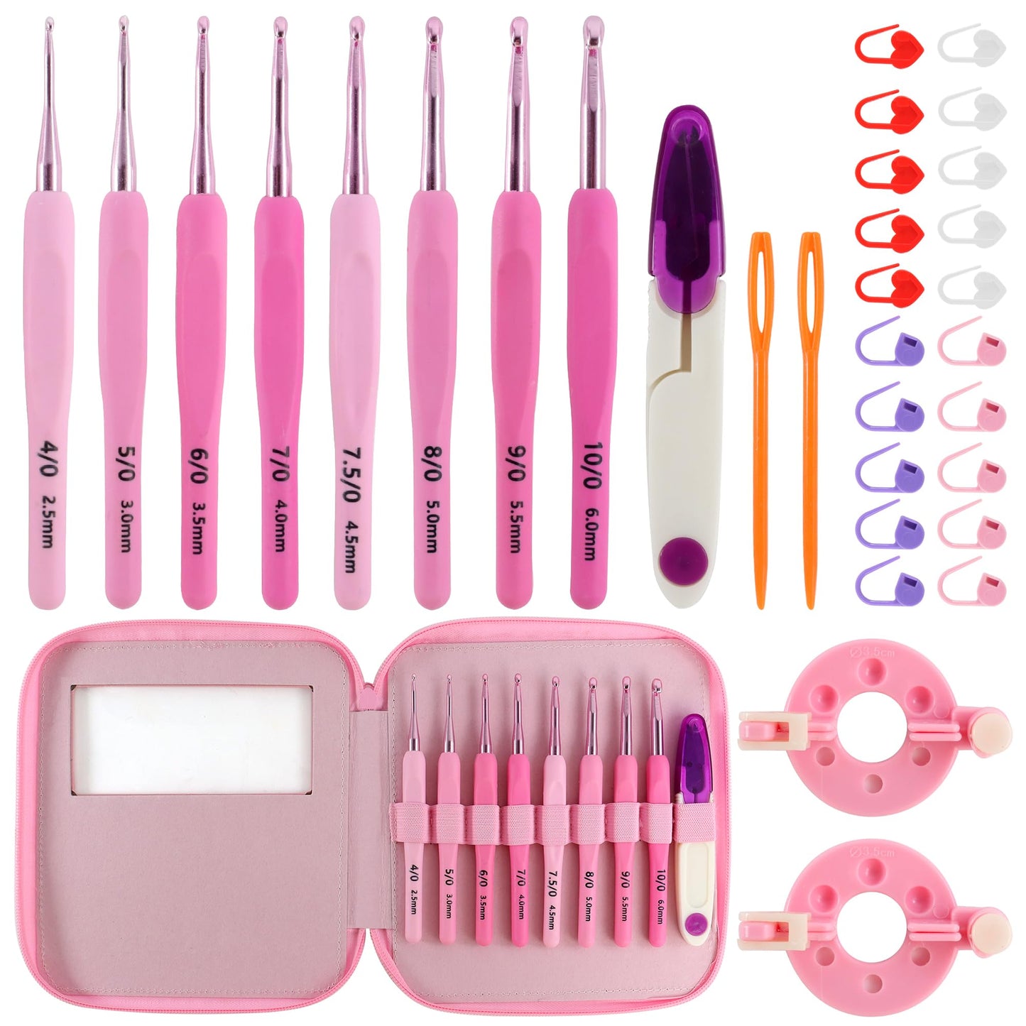 AEXHOT 34PCS Crochet Hooks Set, 8 sizes 2.5-6 mm High-Quality Pink Gradient Aluminum Ergonomic Soft Handle Crochet with Case and Crochet Kit for Beginners Adults for Arthritic Hands Crochet Needle Set