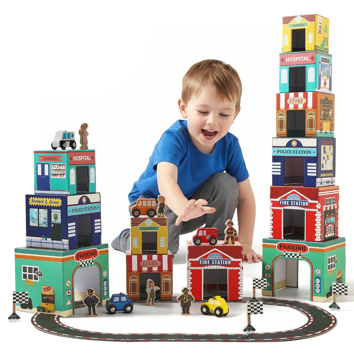 Youuys 3-in-1 Sorting and Stacking Toys for Toddlers 1-3 with Building Blocks, Wooden Community Helpers, Montessori Nesting Boxes for Preschool Learning Stocking Stuffers for Boys Girls