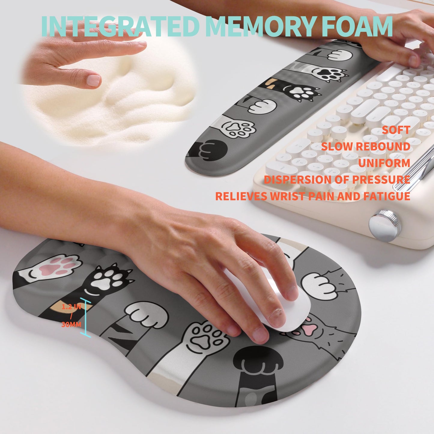 KUOSGM 2-in-1 Ergonomic Set, Wave Rise Keyboard Wrist Rest and Massage Bulge Slope Mouse Pad Wrist Support, Cushion Memory Foam Integrated to Relieve Wrist Pain, Cute Cat Paws