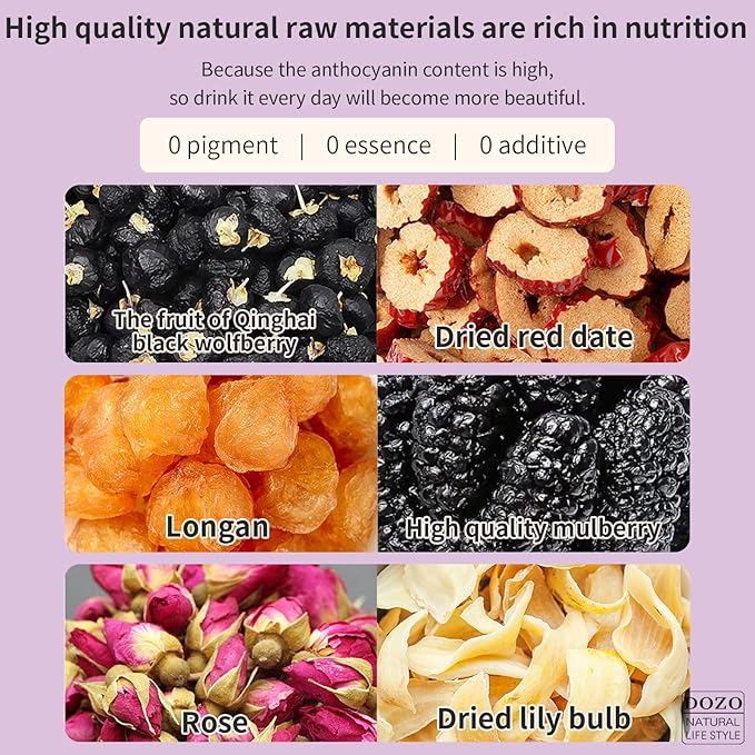 DOZO Beauty tea Bright Beauty Tea Bags Black Mulberries Rose Black Wolfberry Tea 6.35oz/180g (30bags) Flower Tea Mulberry Goji Berries Anthocyanin Vegan Health Herbal Tea 美肤养颜茶 桑葚玫瑰黑枸杞茶