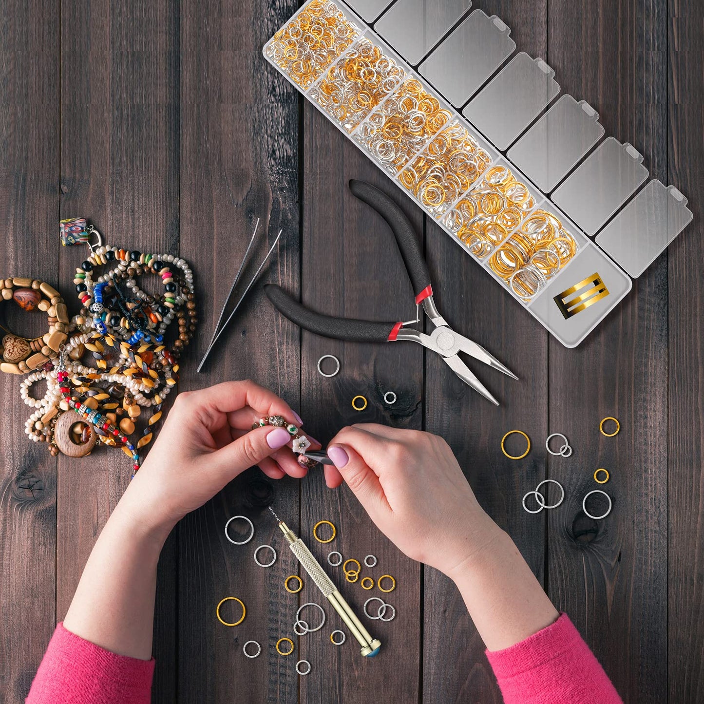 1014 Pieces Nail Dangle Charm Piercing Tool Hand Drill, Nail Charms 6 Sizes Jump Ring Connector with Jump Ring Open Close Tool Pliers and Tweezers for Jewelry Making(Gold, Silver)