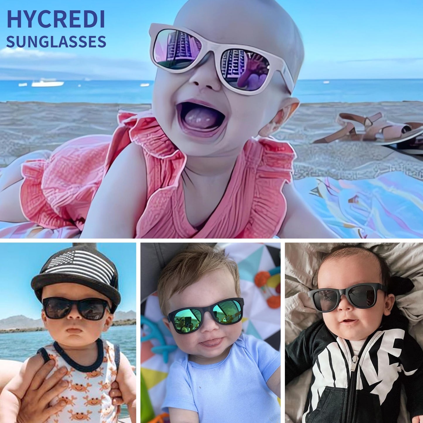 Hycredi Flexible Bendable Baby Polarized Sunglasses with Strap for Newborn Infant Boys Girls Age 0-18 Months-Matte Black/Grey+ Black/Green Mirror