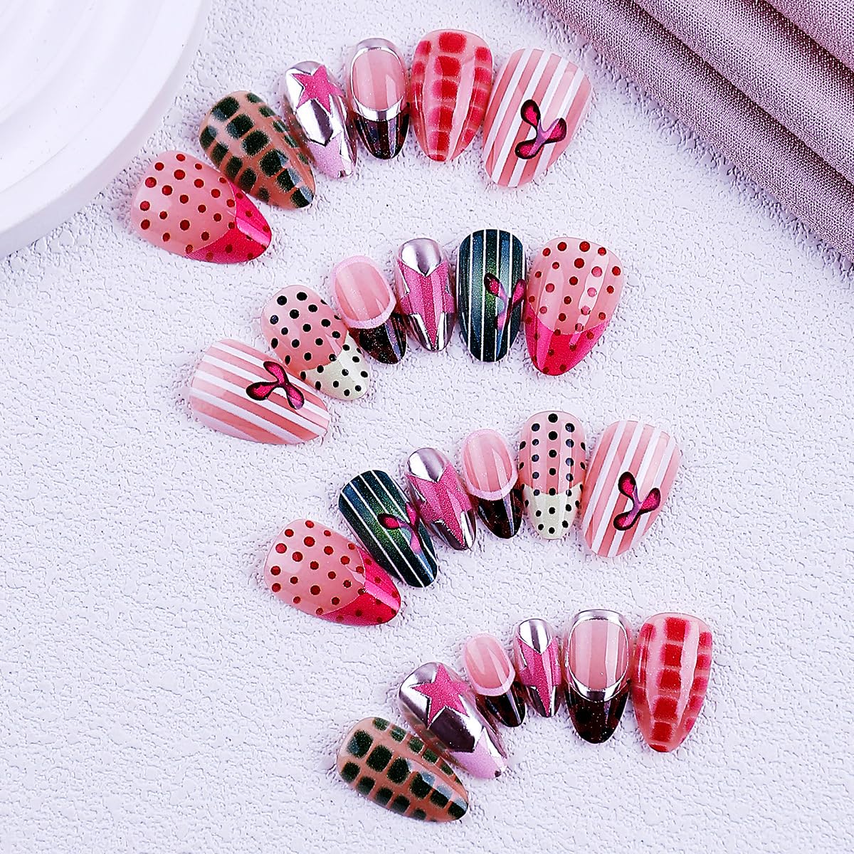Medium Almond Press on Nails Y2K Mixed Print Fake Nails Reusable Glossy Acrylic False Nails Press ons for Women Manicure Kit 24Pcs
