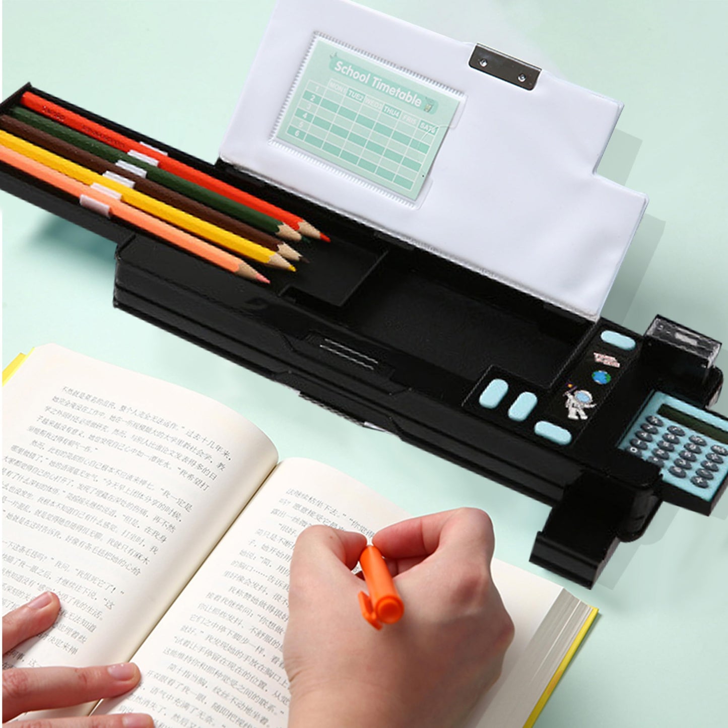 Pop Up Multifunction Pencil Case, Cute Cartoon Pen Box Organizer Stationery with Calculators, Sharpener, Schedule, School Supplies, Best Birthday Gifts for Kids Teens (Black)
