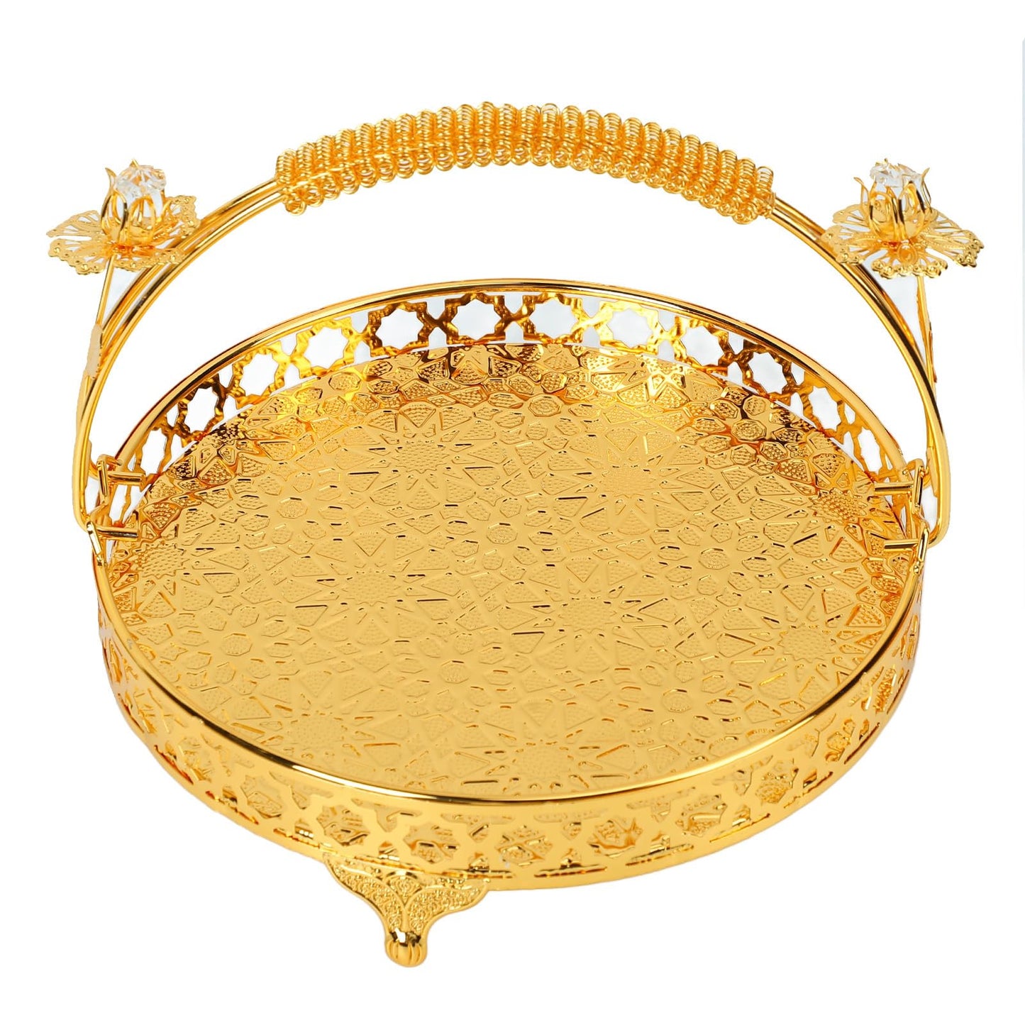 GLOGLOW Vintage Round Fruit Tray with Handle, 10.2 Inch Metal Dessert Platter Gold Cupcake Stand for Wedding Birthday Party Afternoon Tea Candy Cookies