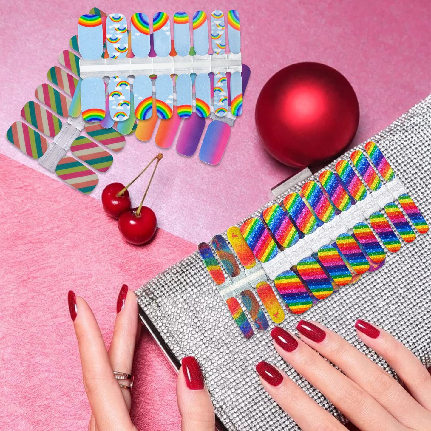 SILPECWEE 5 Sheets Rainbow Nail Wraps - Self Adhesive Nail Polish Strips for Women's Manicure Design with 1pc Nail File