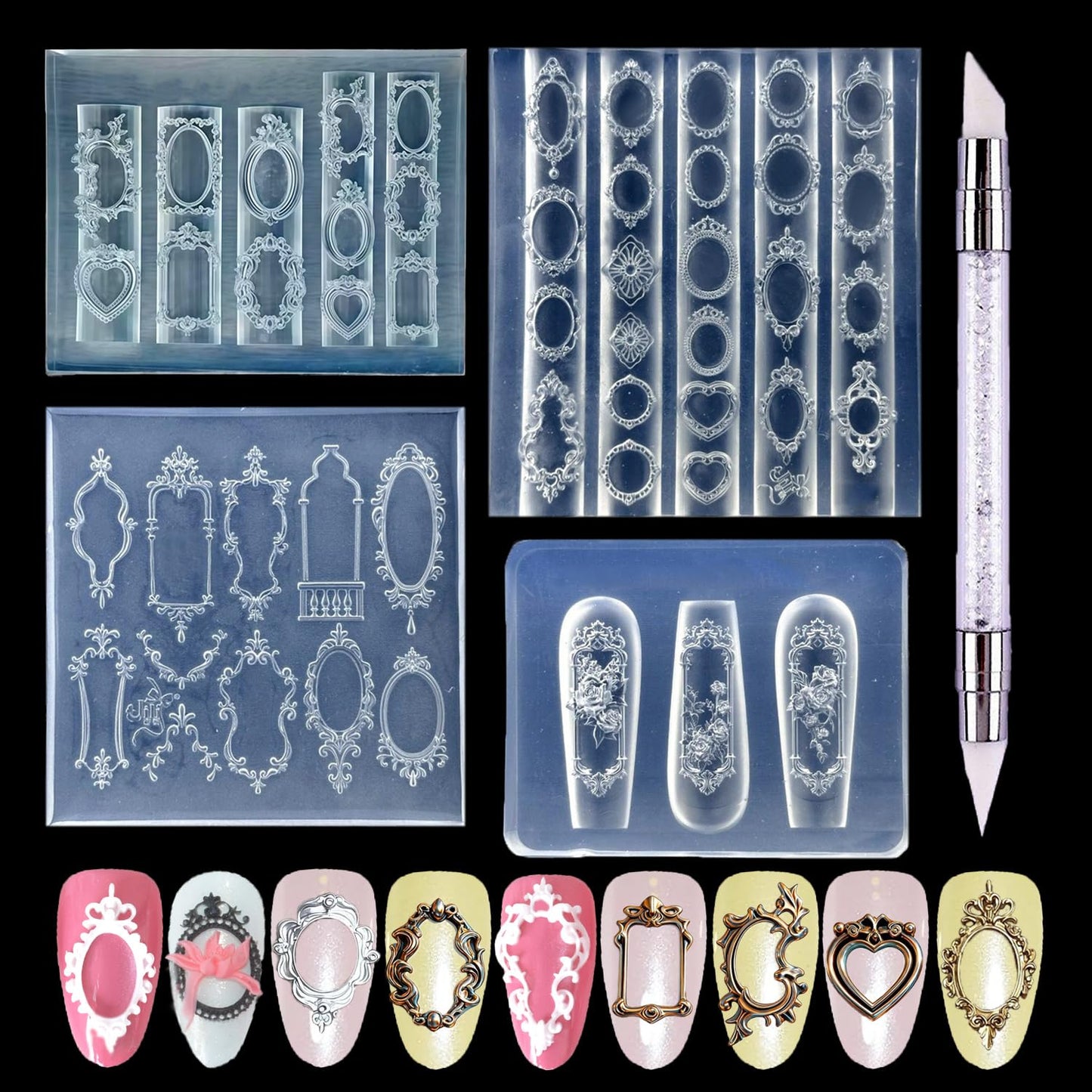 4Pcs 3D Frame Nail Mold Picture Frames Rose Window Designs Resin Molds with Carving Pen Clear Modeling Templates Silicone Tools for DIY Salon Nail Design