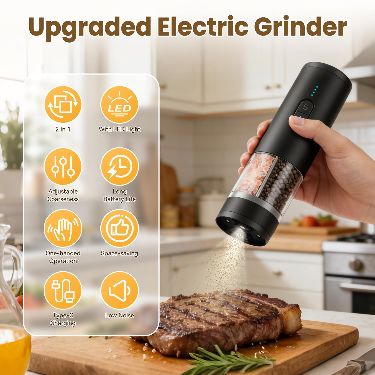 Pumixlor Electric Salt and Pepper Grinder, 2 In 1 Adjustable Coarseness Automatic Pepper Mill Grinder with LED Light, Battery Display, USB Rechargeable Salt Mill Shakers with Dust Cover for Kitchen