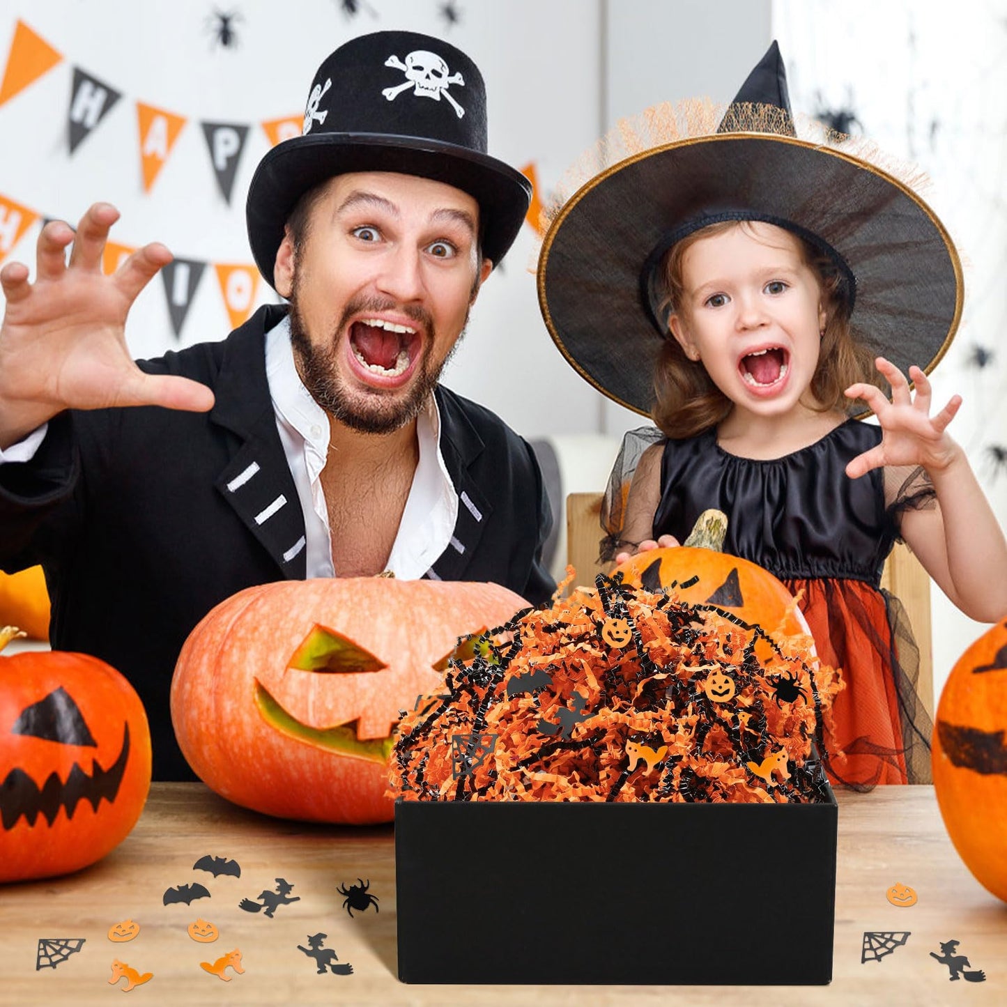 Jansun Halloween Black Orange Crinkle Cut Paper, 115g/4oz Shred Filler with Pumpkin Spider Bat Witch Confetti for Gift Wrapping Craft DIY Basket Filling Trick or Treat Candy Decorations
