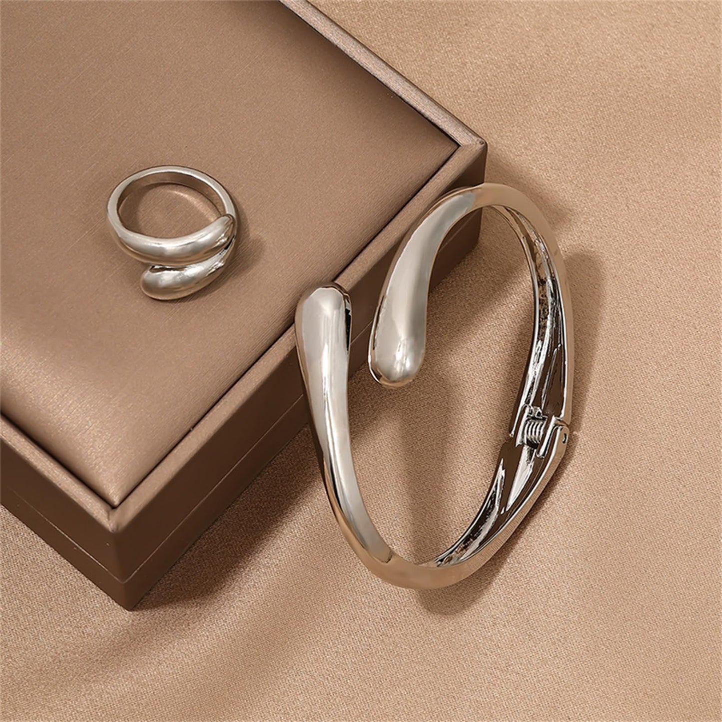 Hcrohihit Chunky Thick Cuff Bangle Bracelet for Women,Minimalist Adjustable Open Cuff Bracelet and Ring Collar Set,Polished Statement Cuff Bangle,Fashion Jewelry (B Silver)