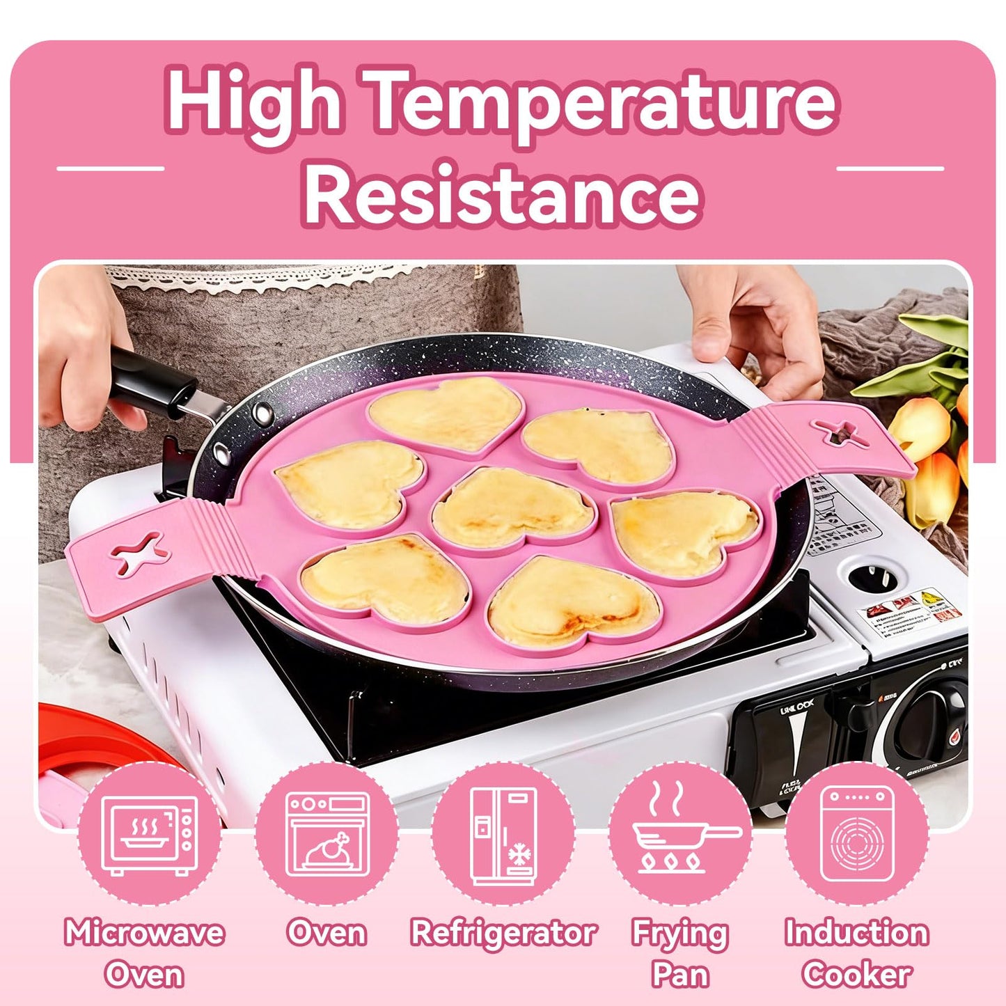 2PCS Pancake Maker Mold, 7 Cavity Star/Heart Shape Nonstick Reusable Silicone Egg Mold Ring with Handle Kitchen Cooking Baking Tools for Muffin Fried Egg Burger