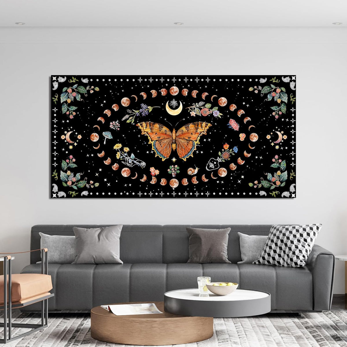 Large Canvas Wall Art Boho Wall art Decor Canvas Art Wall Decor Pictures for Living Room Vintage Butterfly Wall Art Decorations Moon Flower Artwork for Walls Bedroom Office Wall Decor 24" X 48"