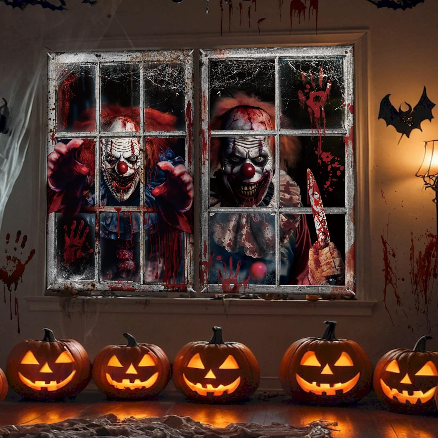 Hxezoc 2 Pack Halloween Window Decorations Scary Spooky Clown Window Backdrop Poster for Halloween Window Door Wall Cover Decoration Supplies