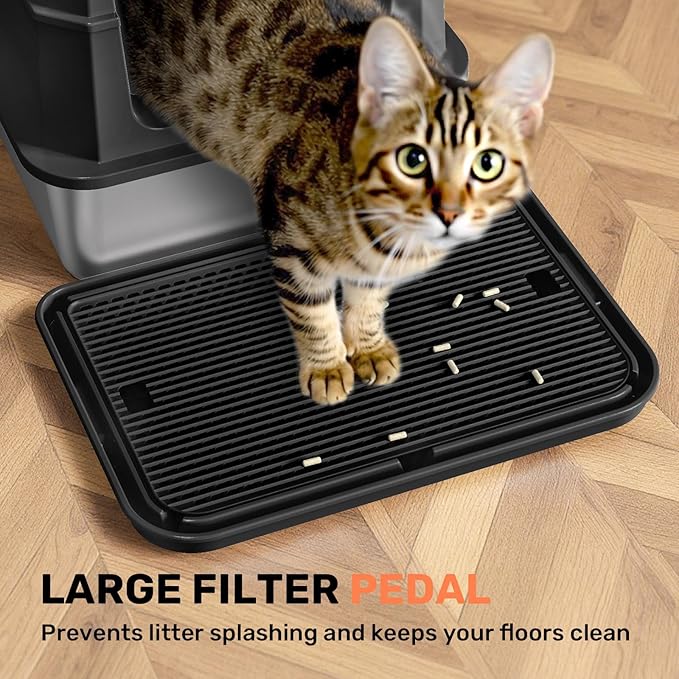 HAPAW Stainless Steel Litter Box with Lid, Anti-Leakage Enclosed Metal Litter Box, Flip-Top Extra Large Kitty Litter Pan with Scoop & Pedal, Odor Free, Front & Top Dual Entry, Black
