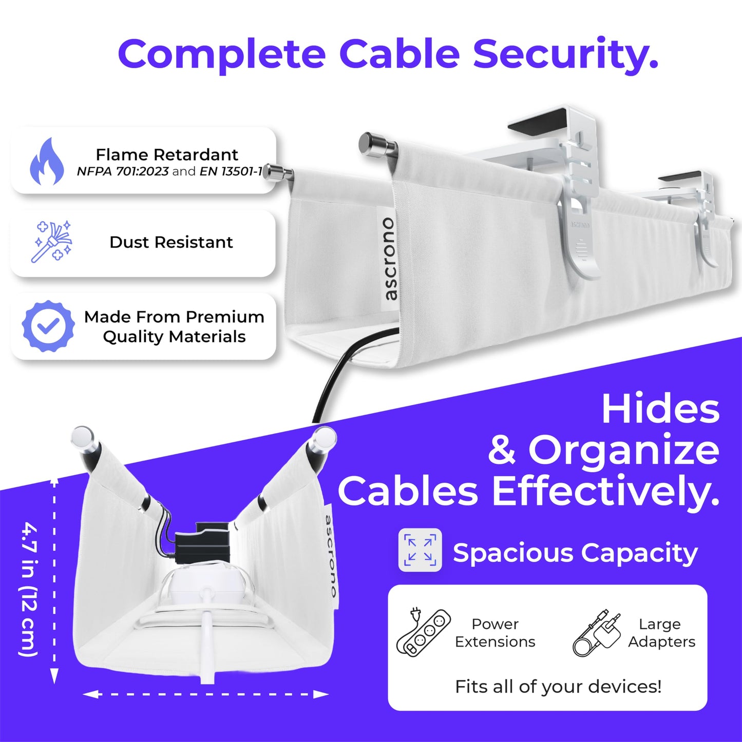 Ascrono Original No Drill Under Desk Cable Management Tray 27.3" - Premium White Fabric Cable Management Under Desk - Clamp/Screw Mount Cord Organizer - Supports Upto 66lbs