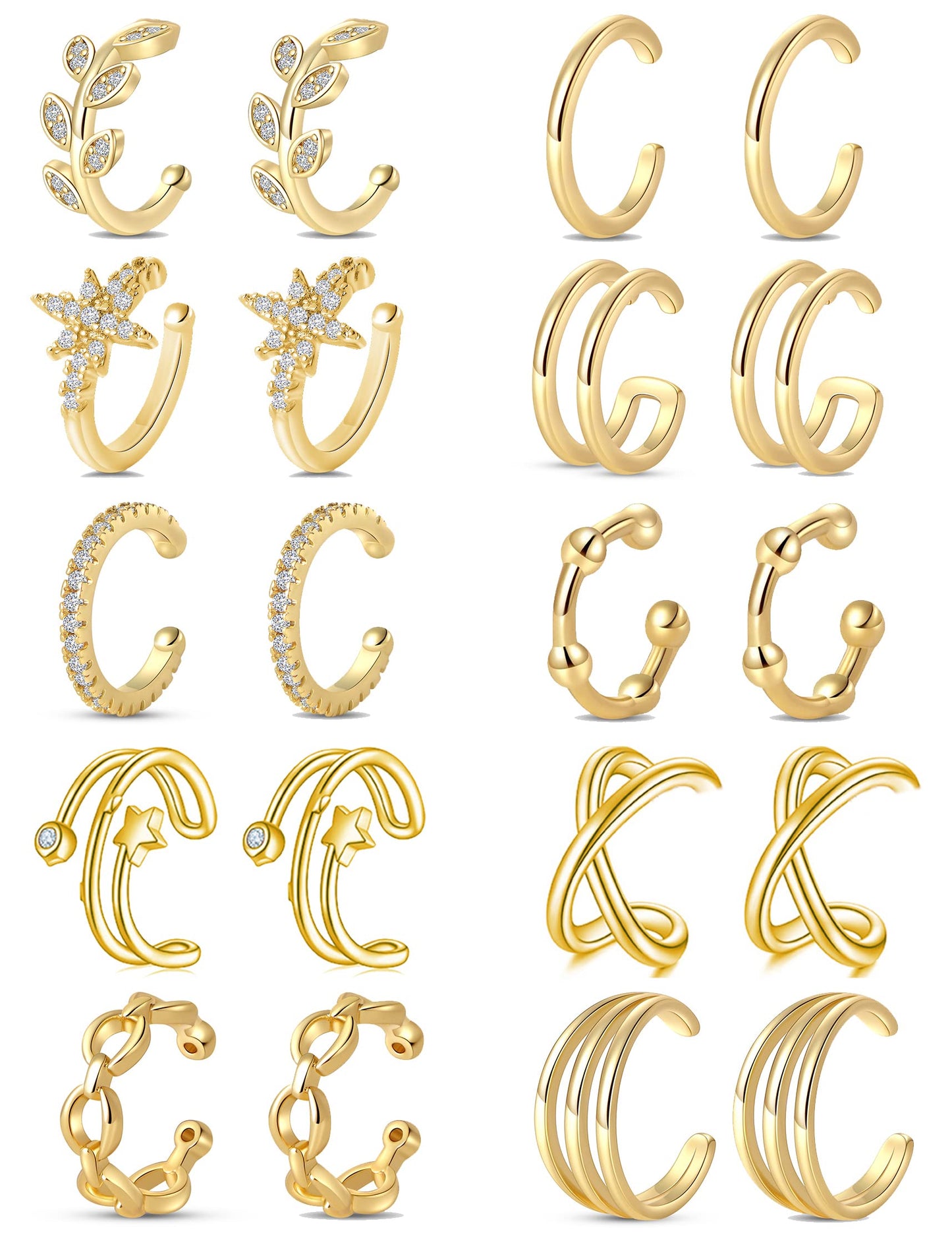 Tornito 4-10 Pairs Ear Cuff Helix Cartilage Clip On Wrap Earrings Fake Nose Ring Non-Piercing Adjustable (A6:10Pairs, Gold Tone)