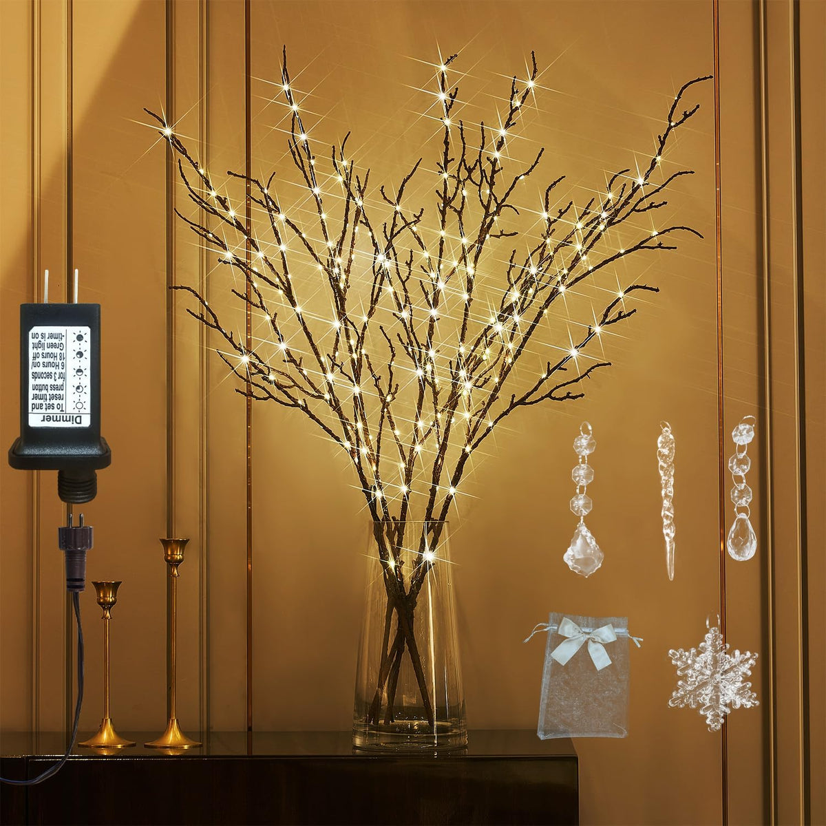 Fudios Lighted Branches Plug in 32IN 200 LED Mantle Winter Decor, Brown Twig Branch Lights for Christmas Holiday Party Indoor Outdoor