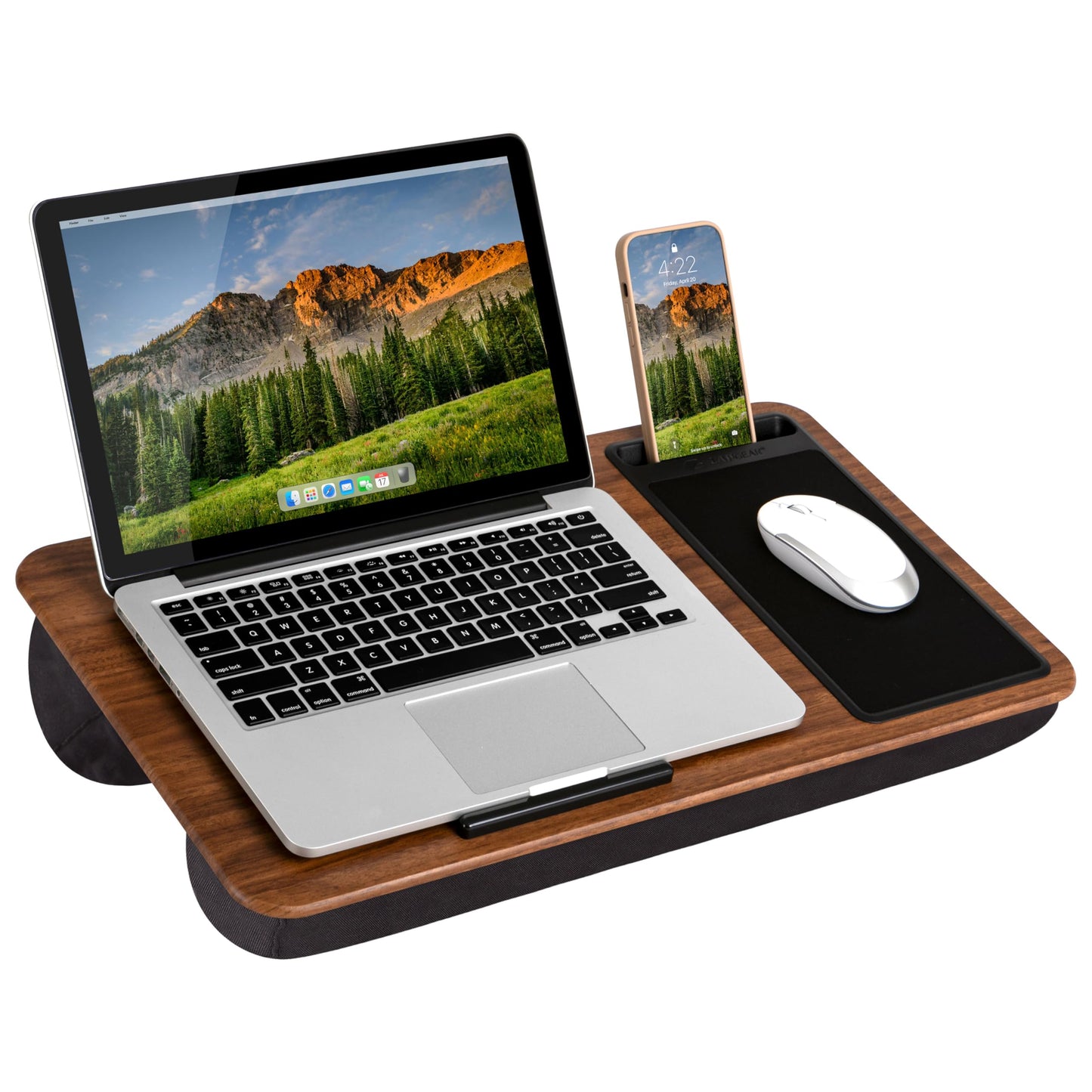 LAPGEAR Home Office Lap Desk with Device Ledge, Mouse Pad, and Phone Holder - Espresso Woodgrain - Fits up to 15.6 Inch Laptops - Style No. 91575