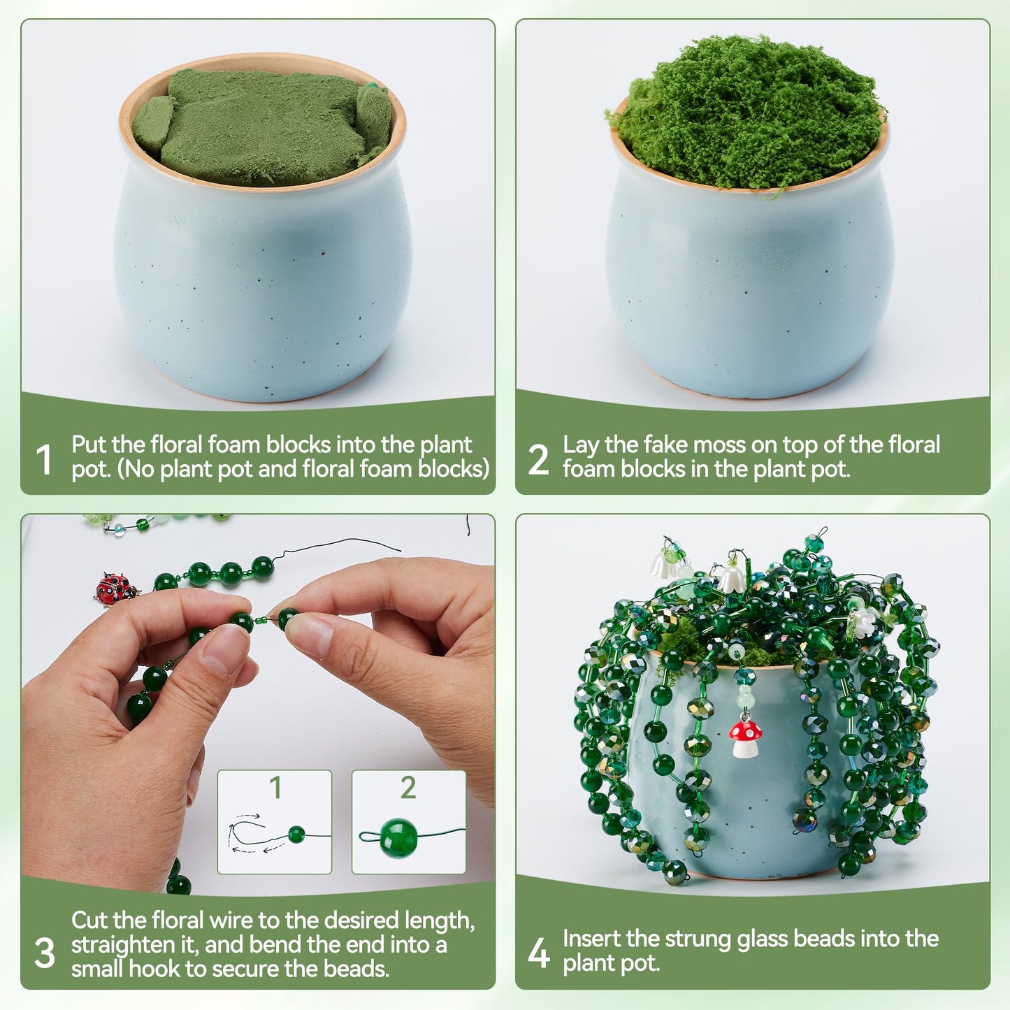 Green Glass Beaded Plant Kit, Forever Plant Beaded Leaf Flower Beads for Succulent Plant Jewelry Making and DIY Crafts