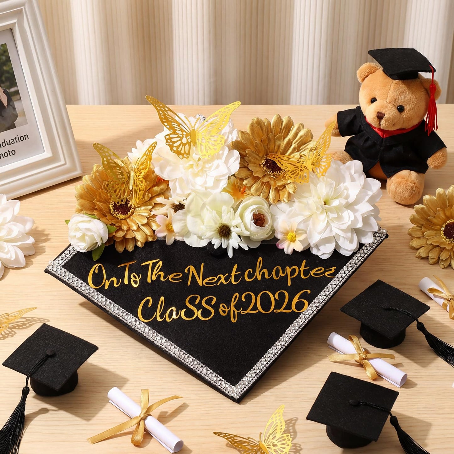 Wavwavw 53 Pcs DIY Graduation Cap Decorations Kit, 2026 Grad Cap Topper Include Faux Flowers 3D Butterfly Self Adhesive Pearl Stickers Glitter Alphabet Letter Decals for Party Decor(White)