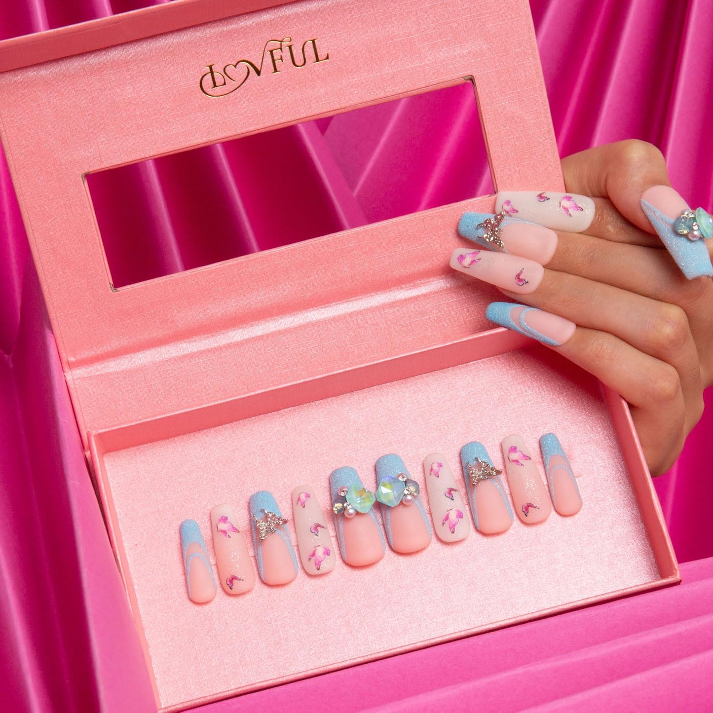 LOVFUL Press on Nails Sky Dance French Tip | Handmade with Full Covered Crystals | Reusable Full Cover Nails | Coffin Classic Regular 1.3 in | H282-S