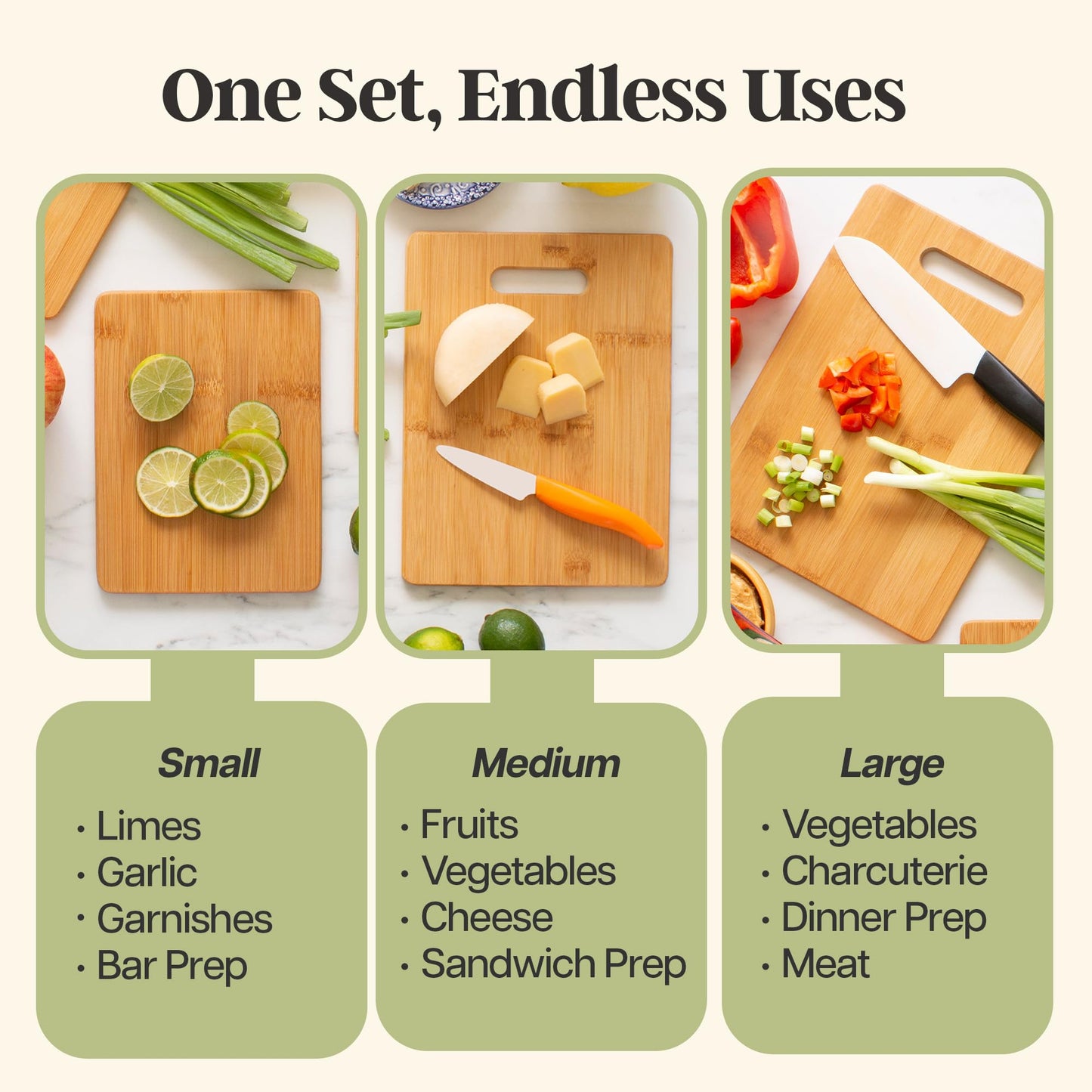 Totally Bamboo 3-Piece Cutting Board Set, Bamboo Wood Cutting Boards for Kitchen with Built-In Handles, Reversible Chopping Boards in Small, Medium, and Large Sizes