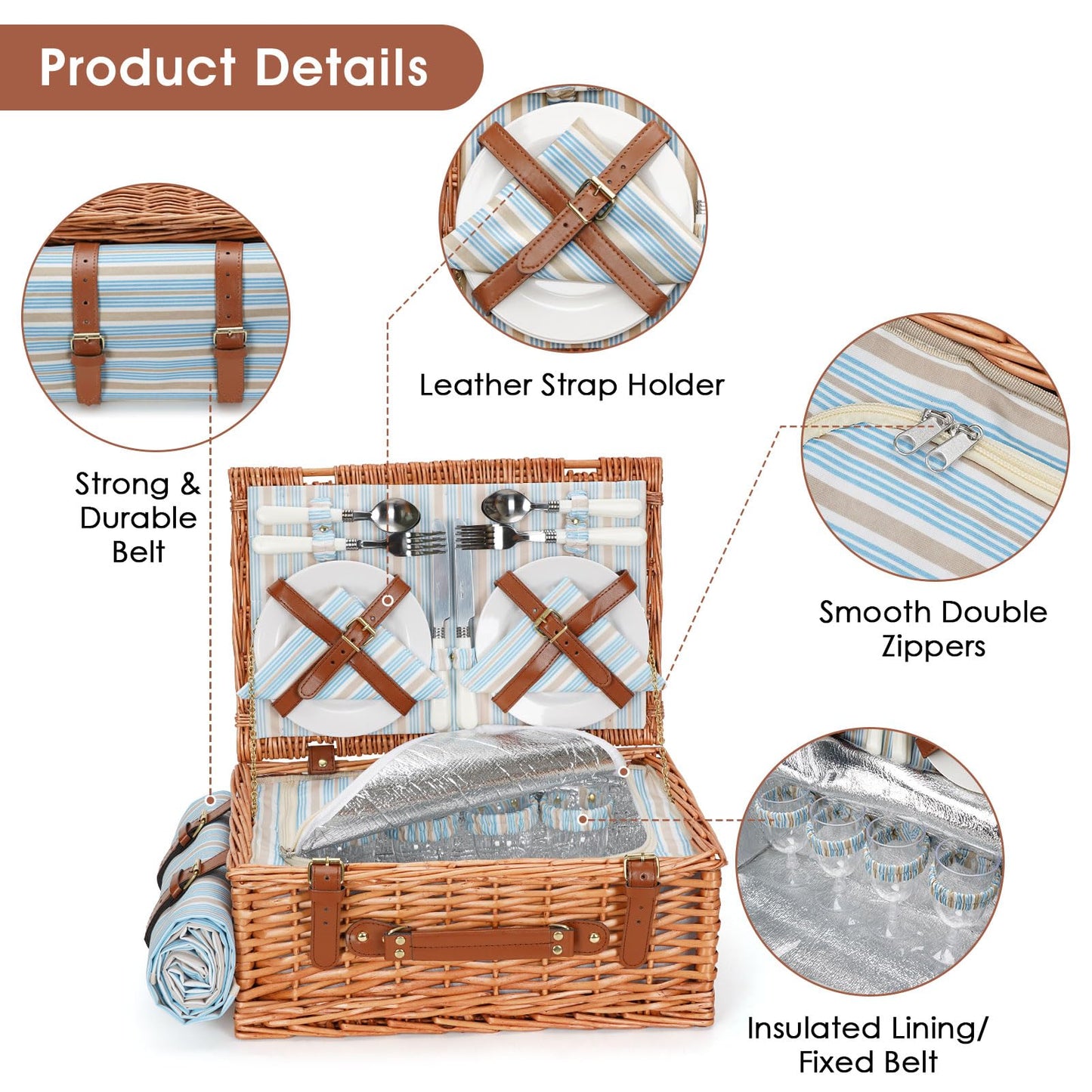 HappyPicnic Wicker Picnic Basket Set for 4 Persons | Large Willow Hamper with Large Insulated Cooler Compartment, Waterproof Blanket and Cutlery Service Kit-Classical Brown