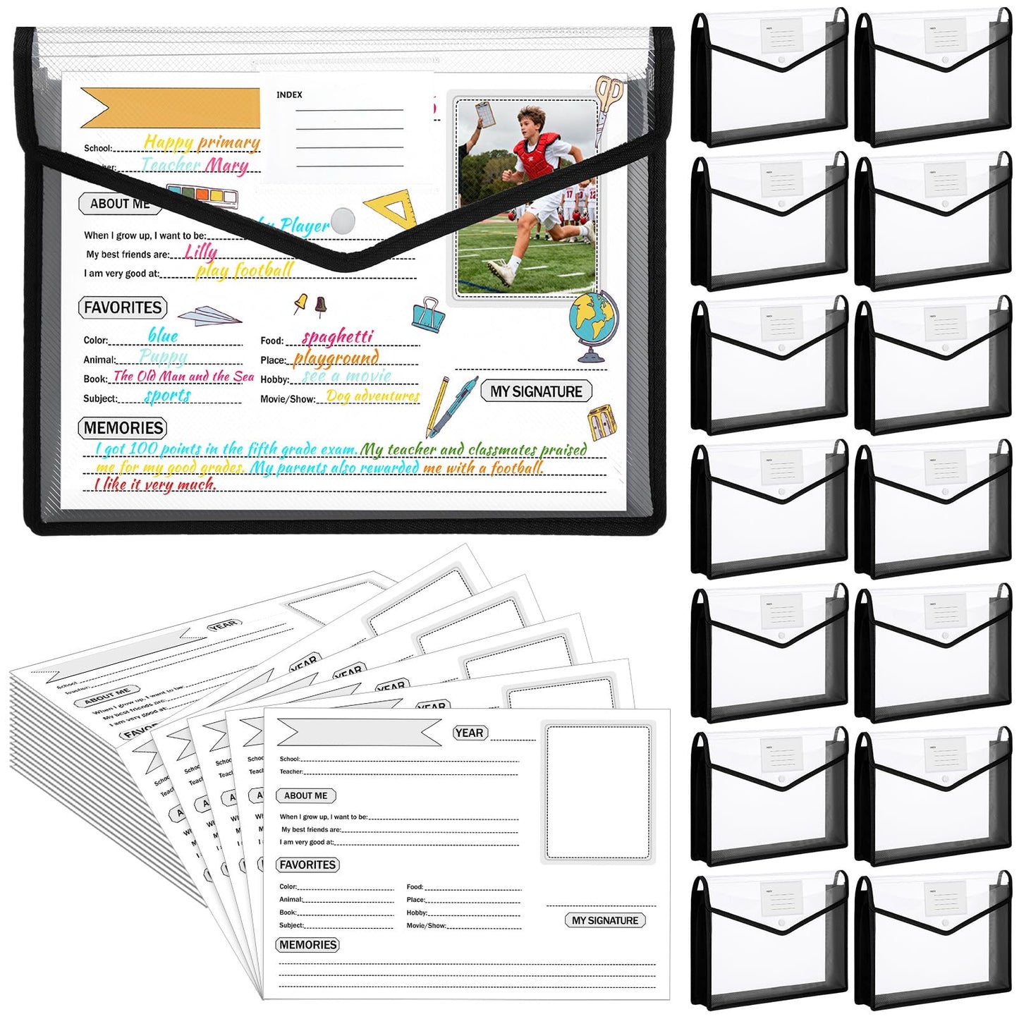 Motipuns 14 Pack K-12 School Memory Box End of The Year Large Capacity with 16 Memory Questionnaires School Year Organizer Keepsake Scrapbook from Pre to 12th Grade File Picture Folder (Black)