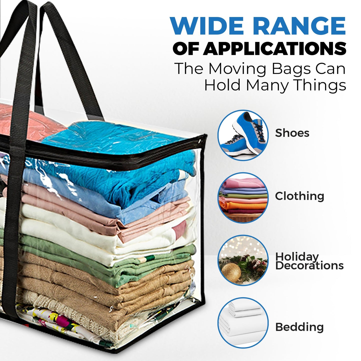 VitalUp 2 Pack Clear Large Moving Bags, Heavy Duty Storage Bags, College Totes, Storage Bins, for Organizing Blankets, Clothing for College, Dorm, Packing, Durable with Zipper and Handle 25x14x12