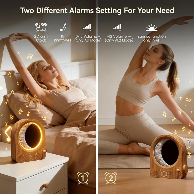 blonbar Dual Alarm Clock for Heavy Sleepers, Dimmable Moon Lamp Gifts