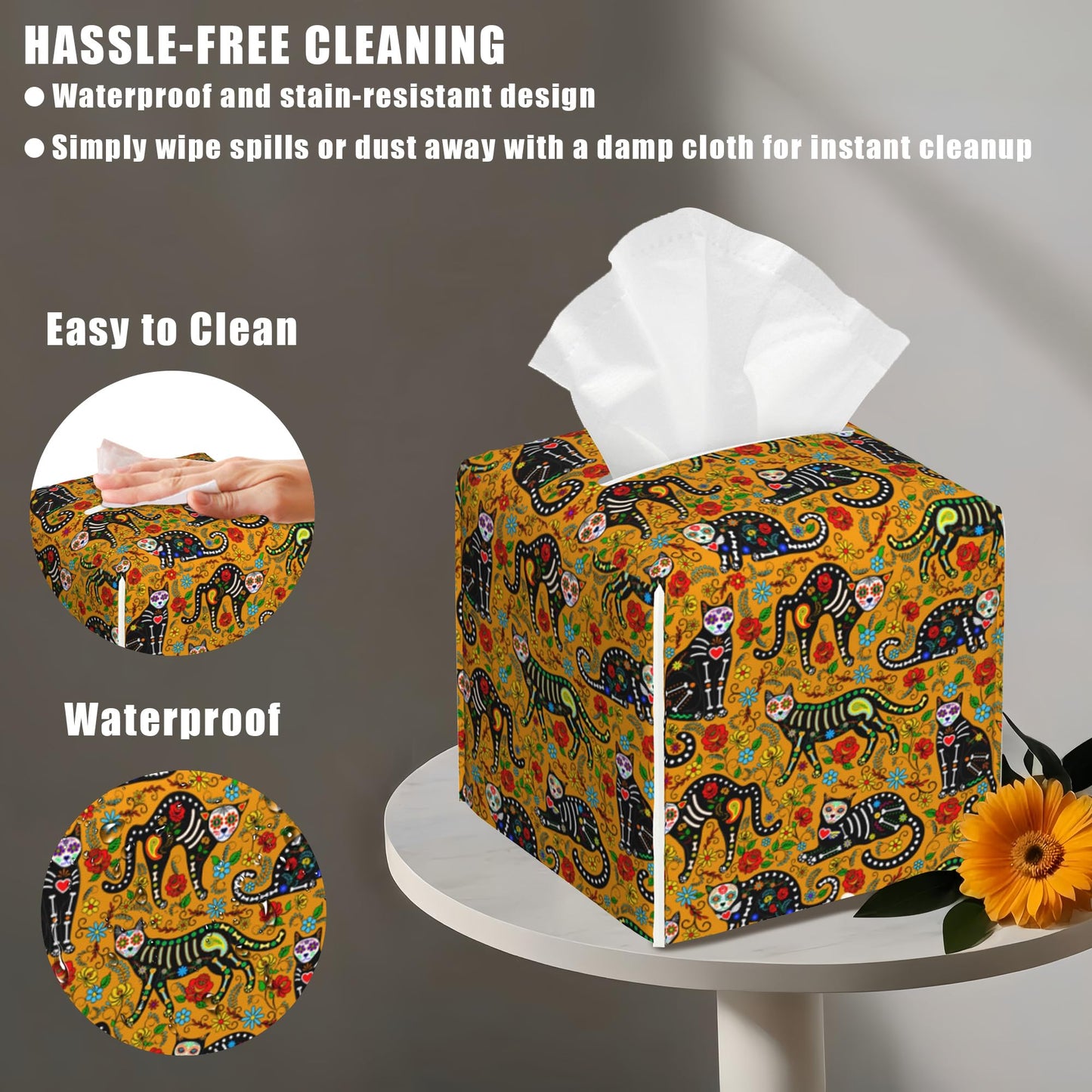 BLYKVGHQ Day of The Dead Square Tissue Box Cover Sugar Skull Black Cats Tissue Box Holder Facial Cube Paper Dispenser Leather Decorative Organizer Home Office Desk Decor, 5.2"x5.2"x5.2"