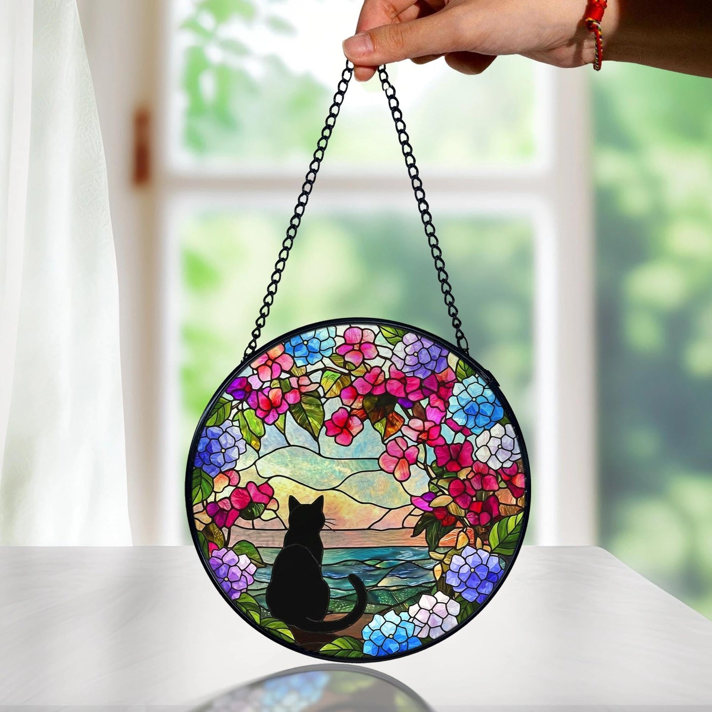 FUGWN Black Cat Hydrangea Flower Stained Glass Window Hanging, Black Cat Sun Catchers Indoor Window Round Glass Wall Art Decor, Cats Floral Suncatcher Wall Hanging Decorations, Lawn Care