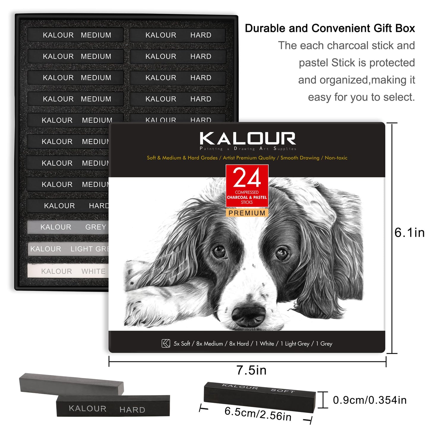 KALOUR 24 Pro Charcoal Drawing Set - Soft,Medium,Hard Charcoal and White - Charcoal Sticks for Drawing Sketching Shading - Art Supplies Gift for Artists Beginners Adults