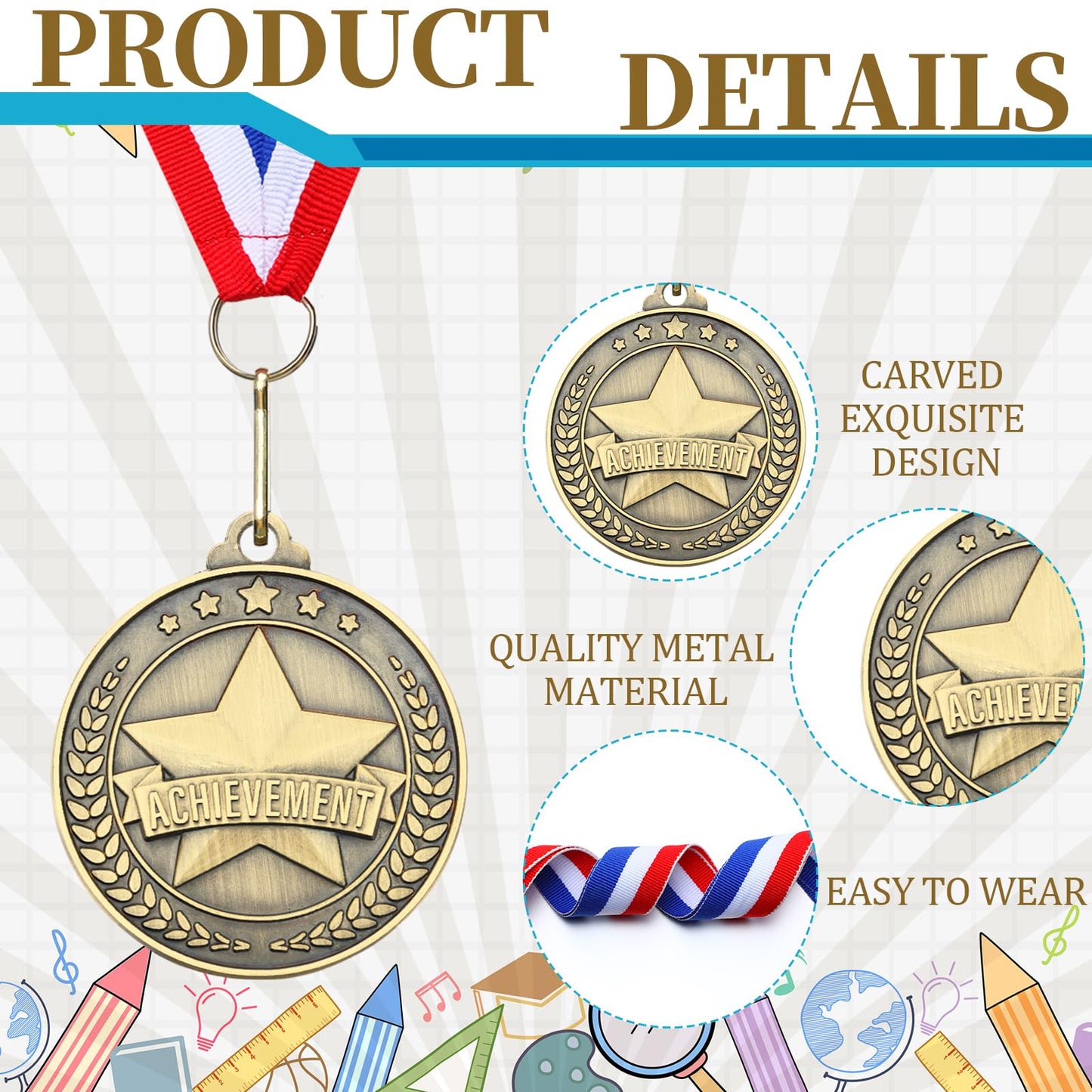 Cunno 12 Set 2" Achievement Award Medals with Neck Ribbons Recognition Medals with Achievement Certificate Embossed Gold Stickers Prize Gift Kits for Tournaments Competitions Party Students
