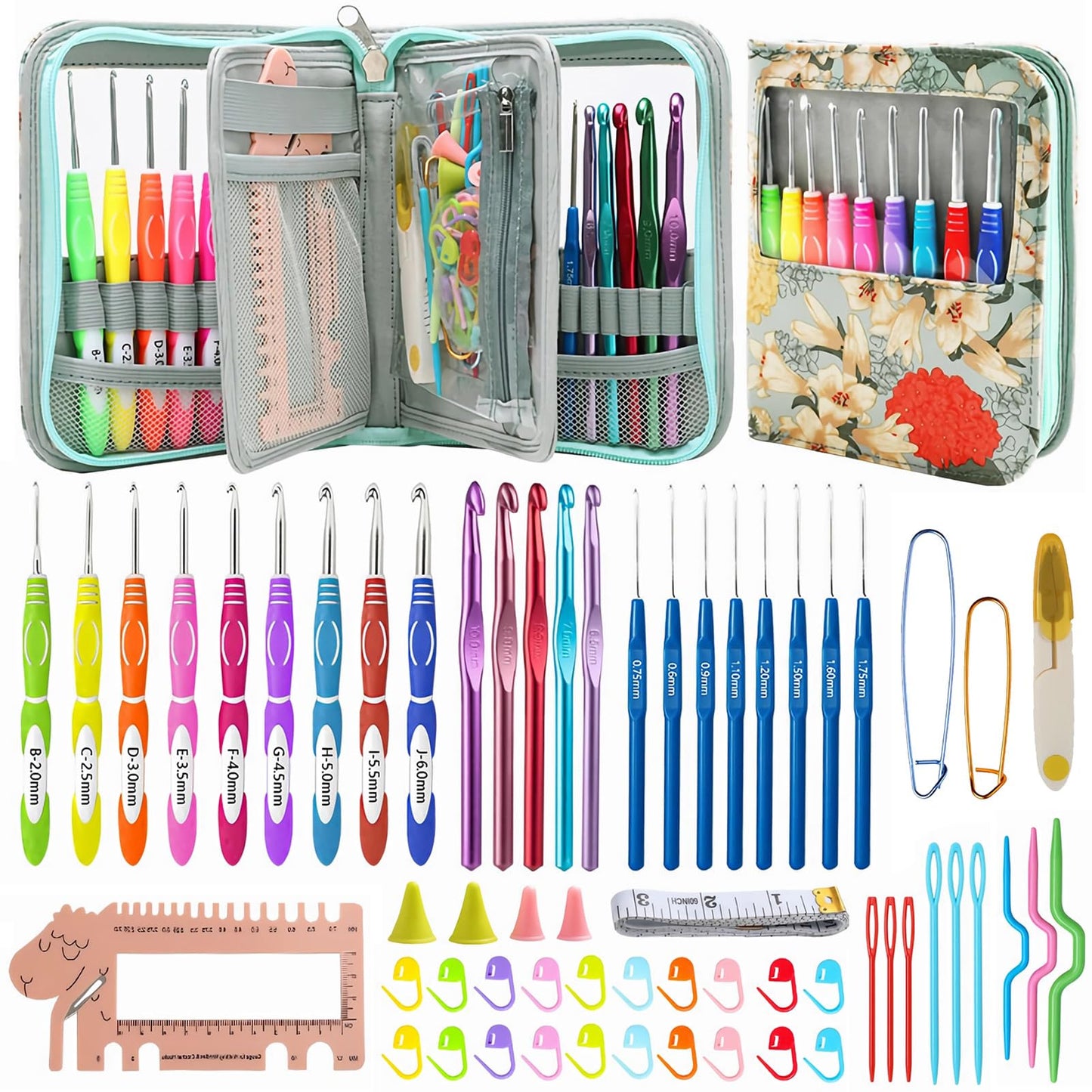 Dasonwin 60-Piece Ergonomic Crochet Hooks Set with Travel Case - Aluminum Crochet Needles Kit for Beginners & Experts, Arthritis-Friendly Design,Includes Stitch Markers & Accessories(Green)