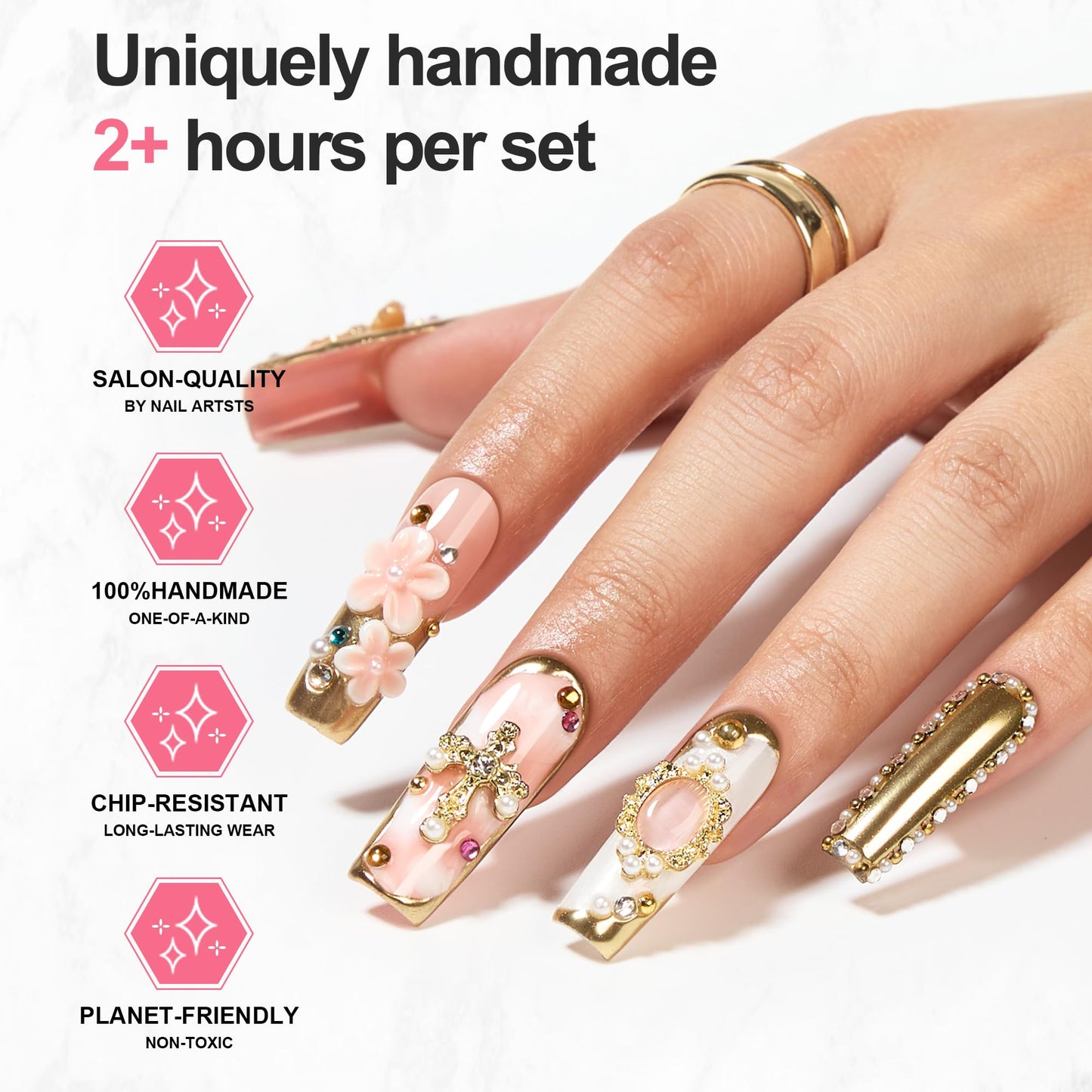 Homsera Opulent Handmade Press on Nails - Intricate Handmade Square False Nails with Luxury Artisan Design for Women Wedding Party Special Events