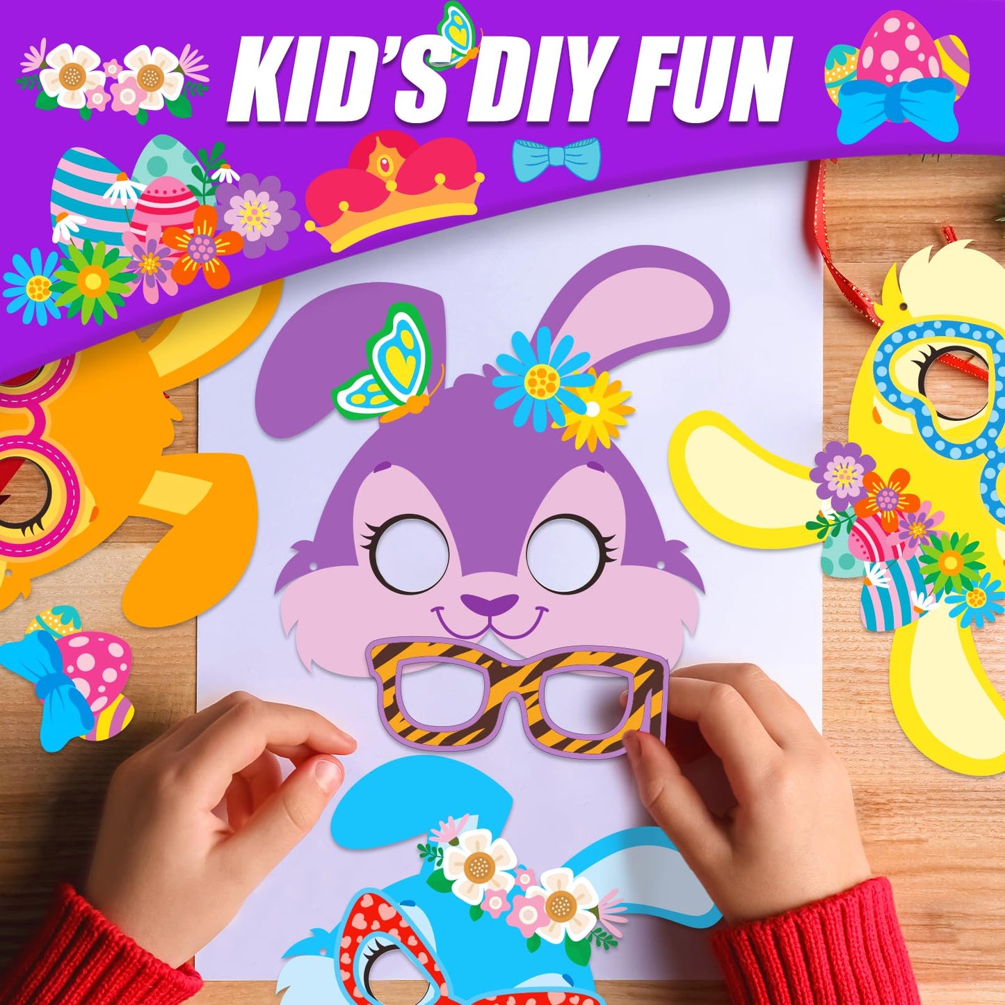 Kepeel 24 Packs Easter Bunny Mask Craft Kit, Make Your Own Easter DIY Art Bunny Mask Crafts Rabbit Spring Easter Classroom Game Activities Project Party Decorations Favors Gift