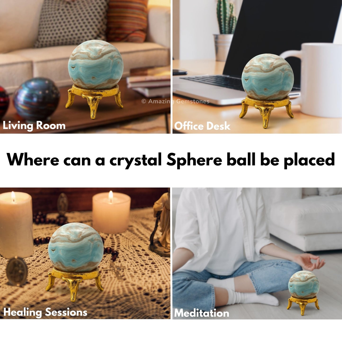 Amazing Gemstone Caribbean Calcite Crystal Ball with Stand - 2" Inches Crystal Sphere Meditation Balls for Witchcraft and Decorative Balls