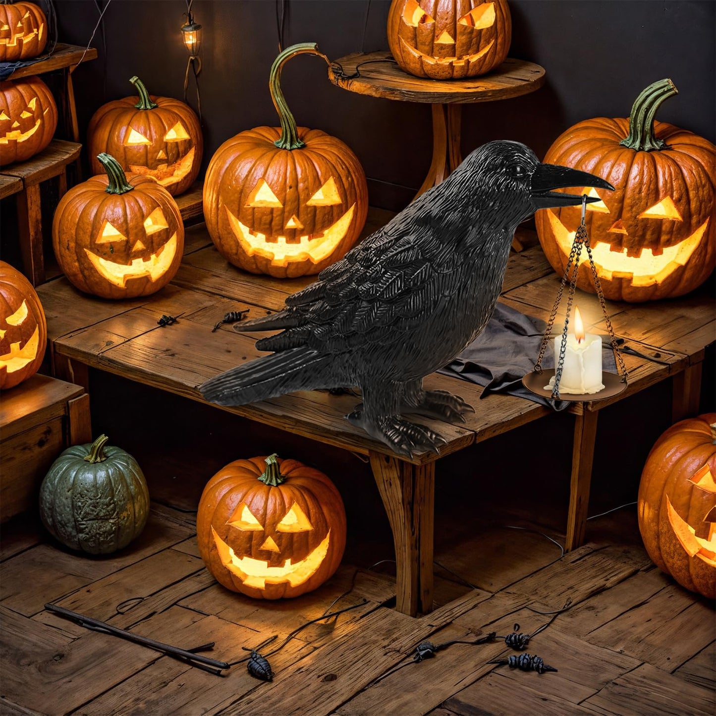 Gothic Home Decor Raven Lamp with Tealight Candle Holde,Gothic Statue Halloween Decorations,Resin Raven Decor Fake Crow Lamp for Bedroom Goth Gifts Black