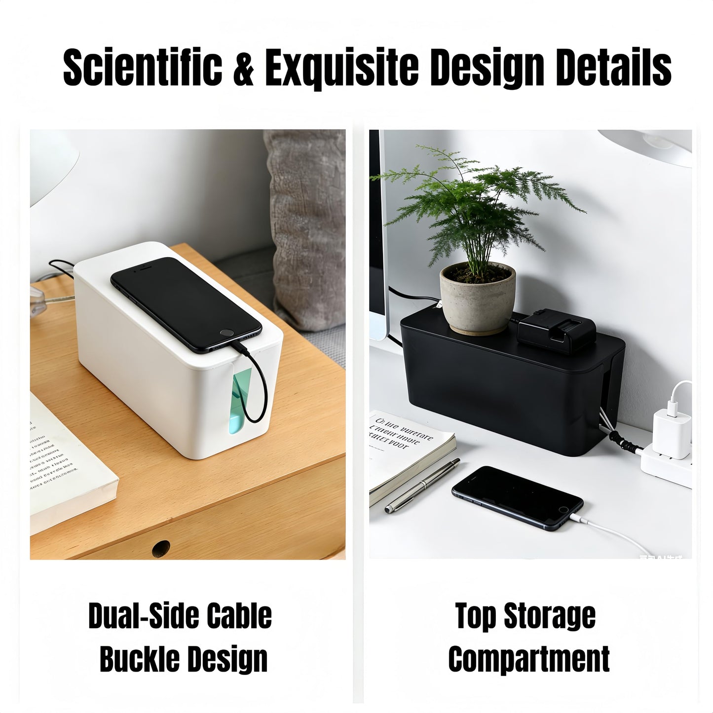 1 Large + 1 Small Cable Management Box Set – 2-Piece Cord Organizer Box, Home Office Desk Wire Storage & Cable Management Solution (Acryliclid lid/White)