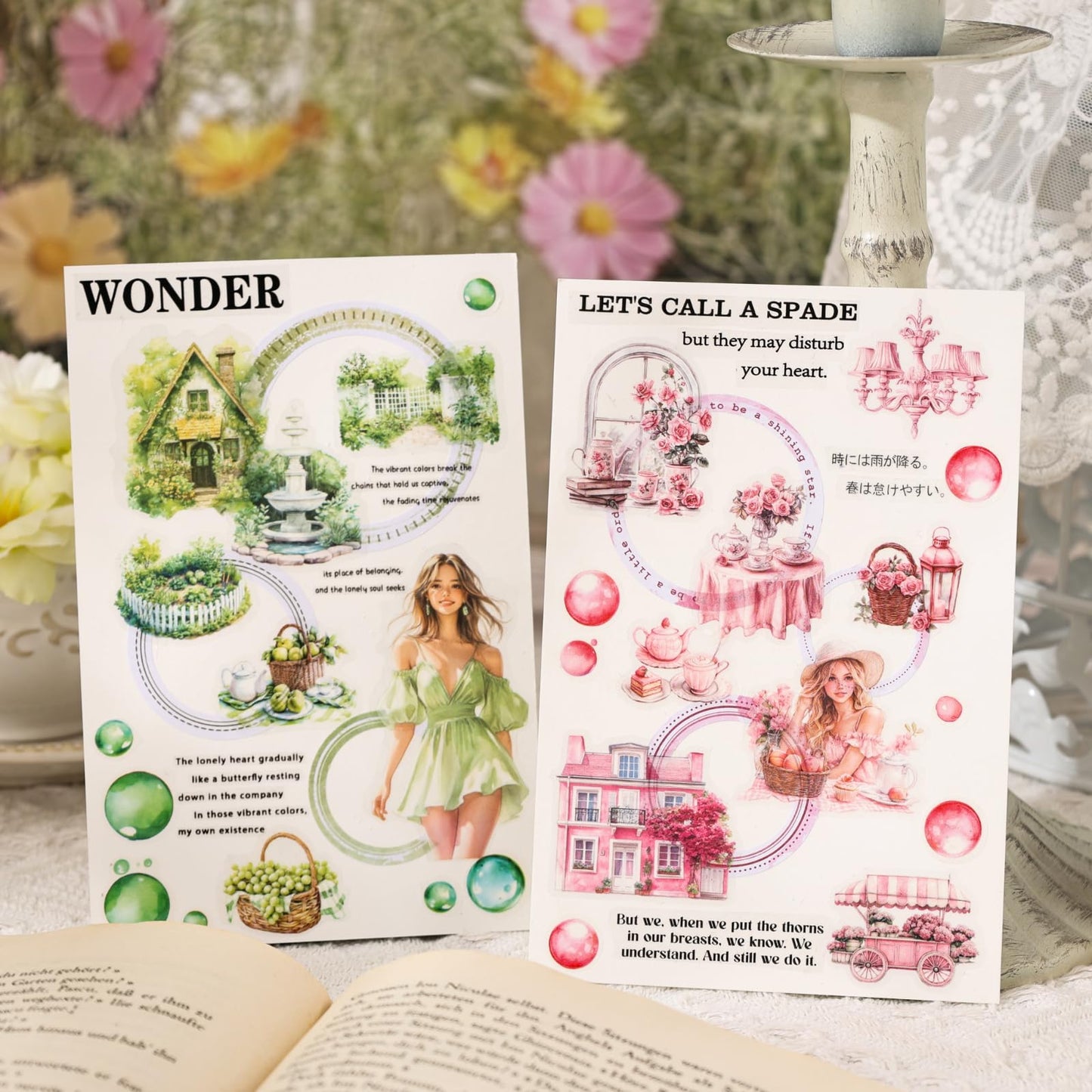Cullevo 600PCS Spring Floral Scrapbook Stickers – Flower Shadow Spring Breeze Edition with Characters, Junk Journal Supplies + 28PCS Retro Background Paper & A6 Kraft Notebook