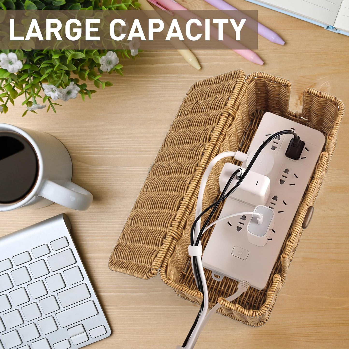 2 Pack Rattan Cable Management Box, Large Cord Organizer Box with Lid Under Desk Router Hider Storage Box with 4 Exits, Wire Box Hider for TV Wires Computer Surge Protector USB Hub Power Strip
