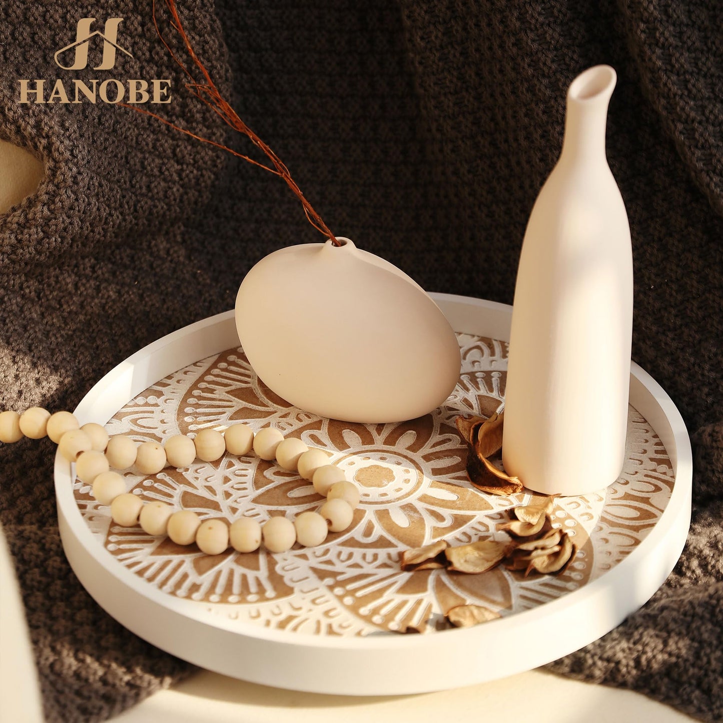 Hanobe Decorative Serving Tray Round: Farmhouse Coffee Table Decor Boho White Mandala Trays for Living Room Kitchen Bathroom Display