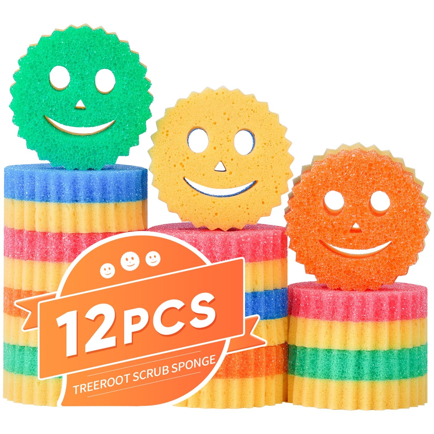 12 Colorful Smile Scrub Sponges, Temperature Controlled Dish Sponge, Double Sided Bulk Kitchen Sponges for Cleaning, Multi Functional Cleaning Sponge for Kitchen, Bathroom, Floor